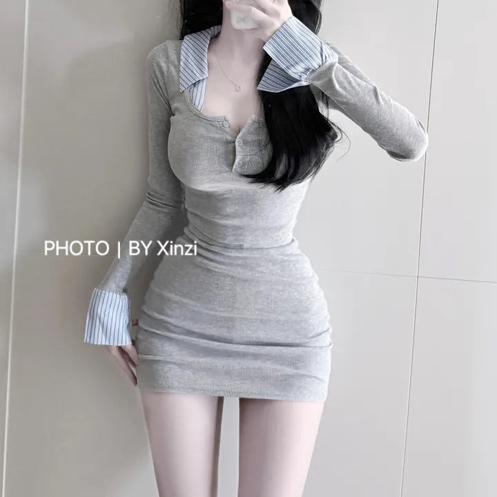 辛子韩国代购纯欲设计感拼接半开领针织短上衣包臀半裙两件套装女