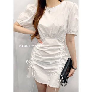 抽绳收腰显瘦包臀裙气质 优雅甜美连衣裙女泡泡袖 辛子韩国代购 法式