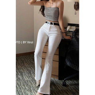 辛子韩国代购高腰白色微喇牛仔裤女显瘦超模版型百搭时髦休闲长裤