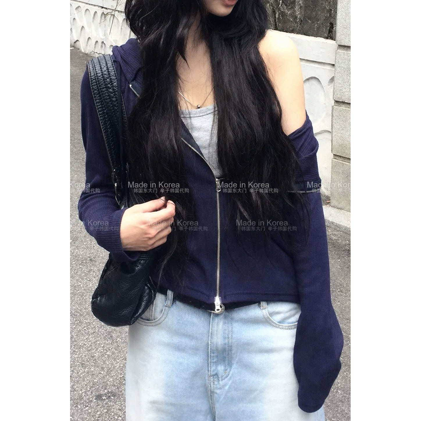 韩系连帽拉链针织开衫女修身短款
