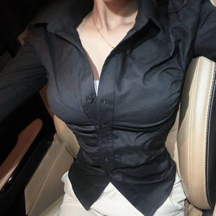 优雅女人气质紧身衬衣 现货 韩国代购 东大门性感褶皱翻领长袖 衬衫