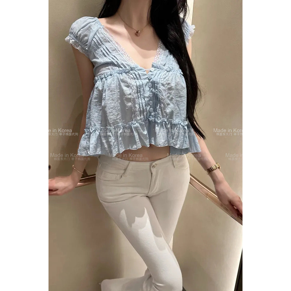 韩系甜美V领荷叶边蕾丝衬衫女