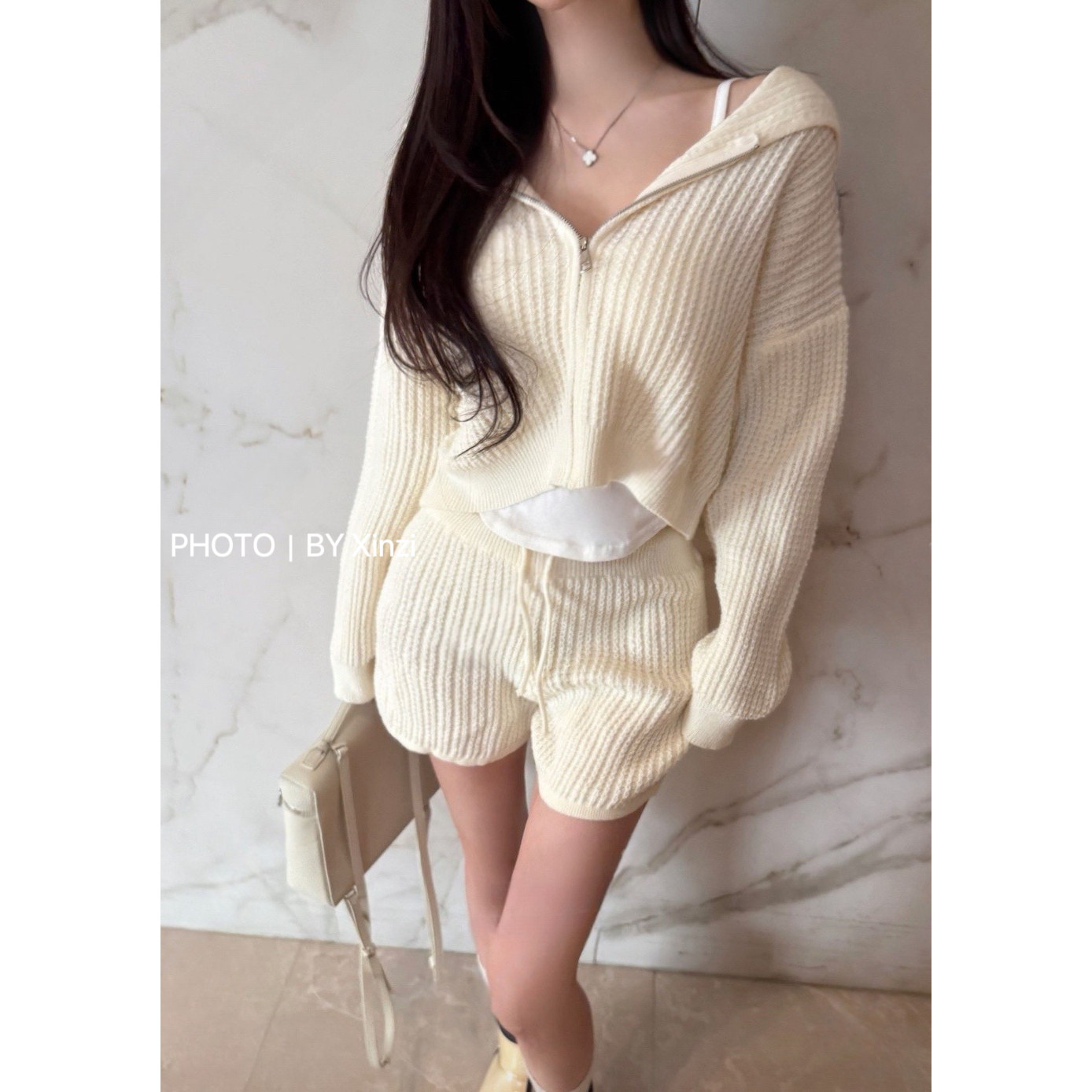 辛子韩国代购慵懒风连帽短款拉链针织外套直筒短裤女休闲两件套装