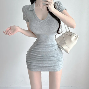 显瘦短袖 辛子韩国代购 百搭翻领修身 时尚 连衣裙女 东大门2025新款