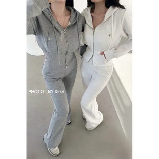 辛子韩国代购辣妹风连帽拉链卫衣高腰直筒休闲裤两件套装女运动装