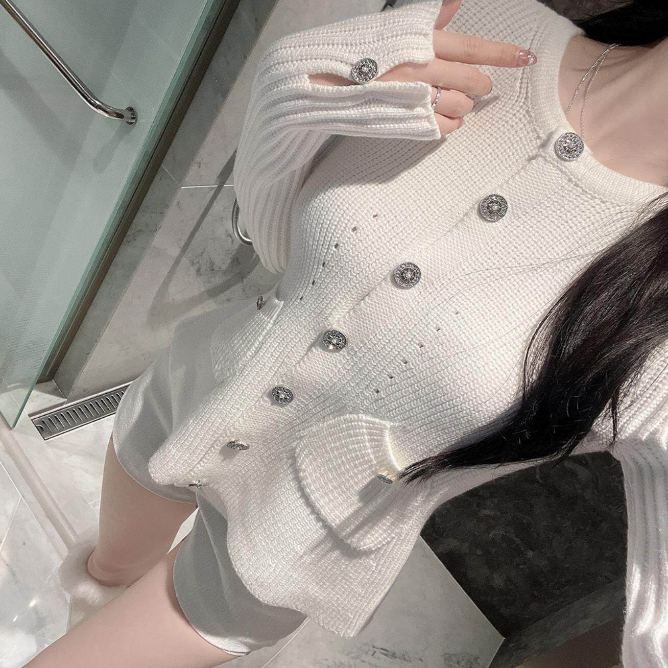 辛子韩国代购东大门收腰小百褶长袖开衫简约气质小圆领针织衫