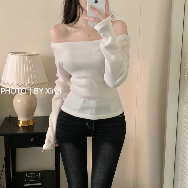 纯欲一字肩修身长袖针织打底衫