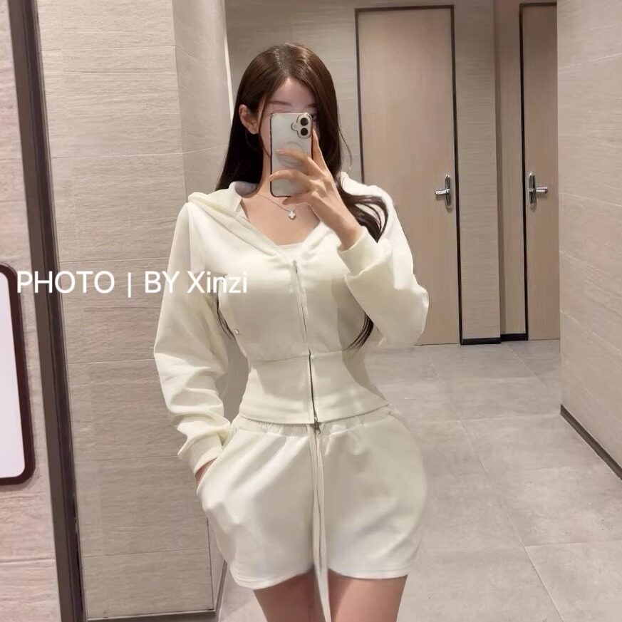 辛子韩国代购纯欲辣妹风连帽拉链卫衣短裤套装女春季休闲两件套