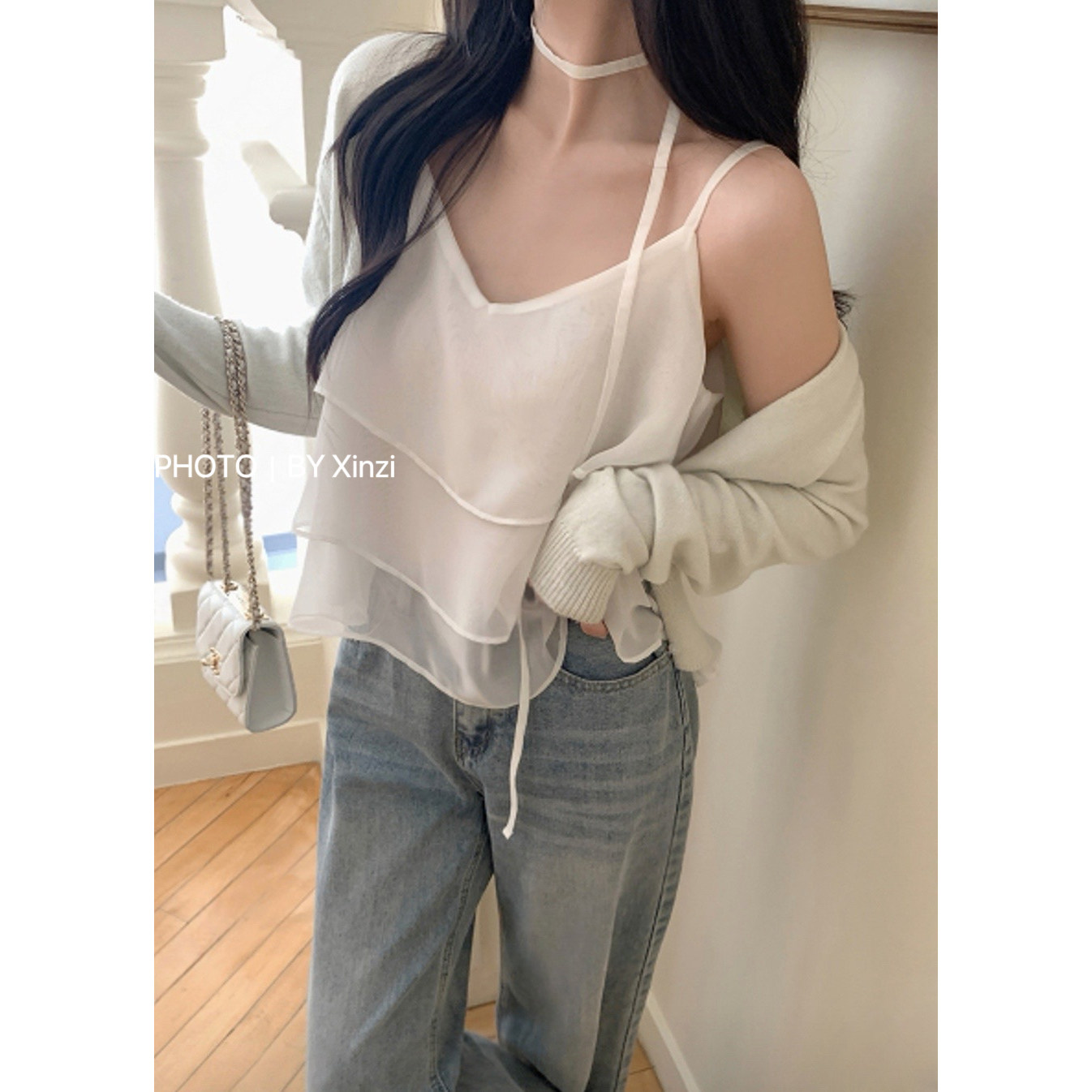 法式甜美V领飘带显瘦雪纺衫