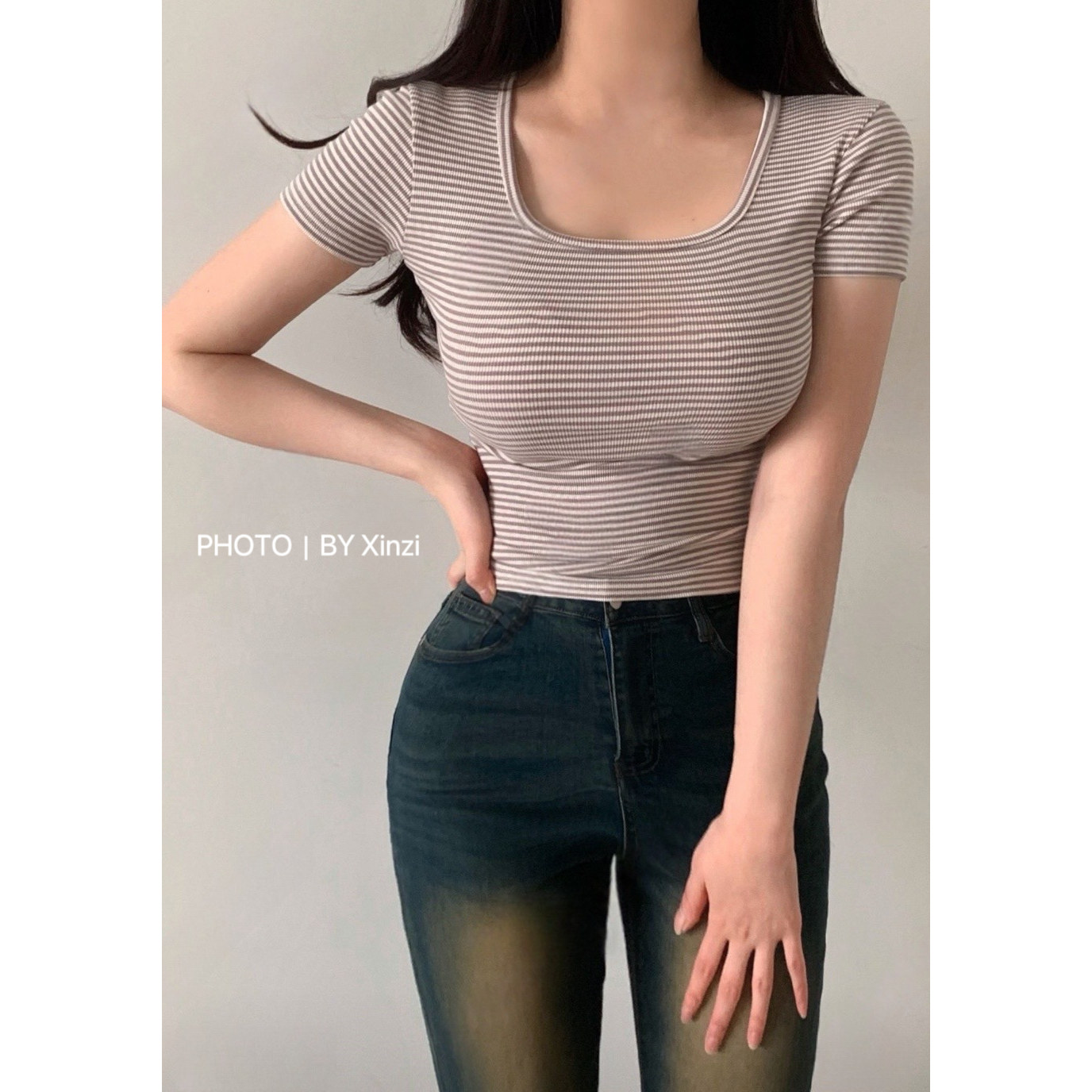 韩式条纹修身显瘦短袖T恤女