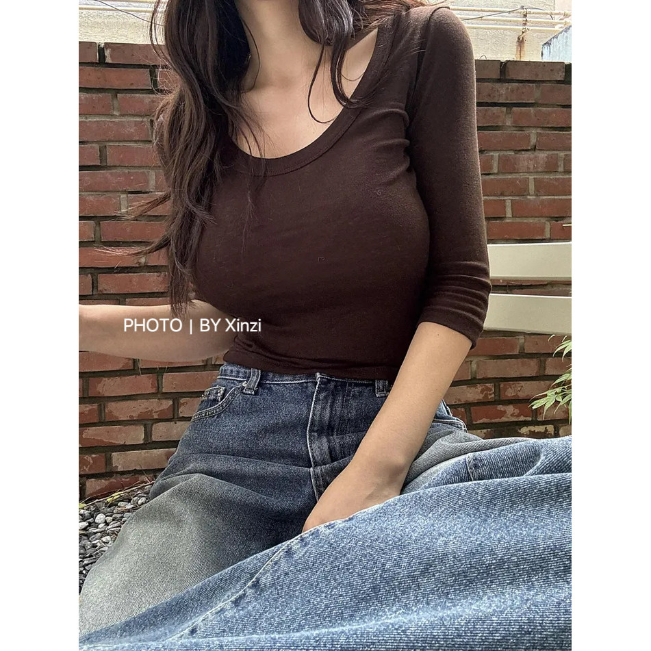 美式辣妹修身U领七分袖显瘦T恤
