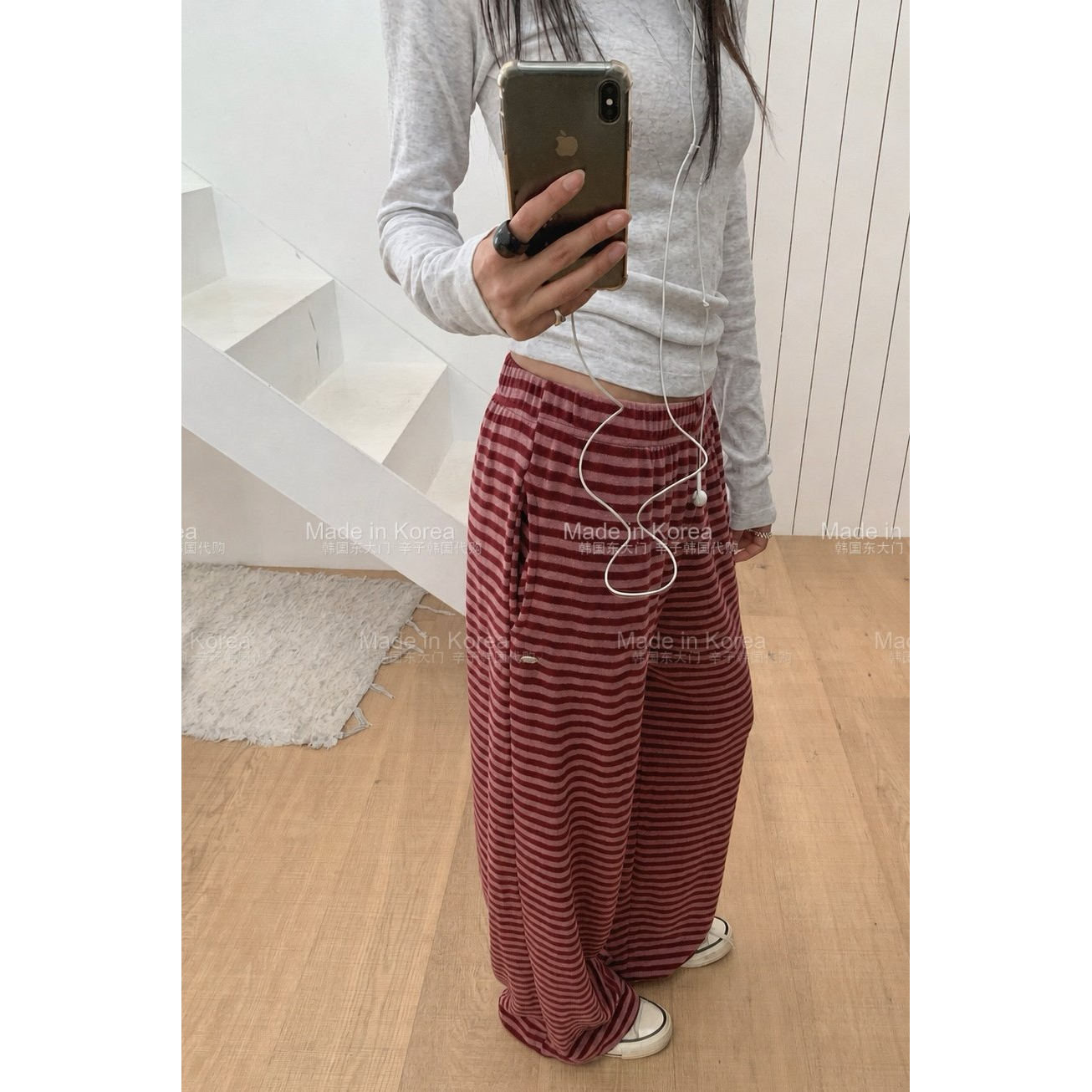 高腰条纹宽松直筒休闲长裤女