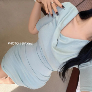 辛子韩国代购 显瘦一字肩针织短裙子 纯欲性感露肩包臀连衣裙女修身