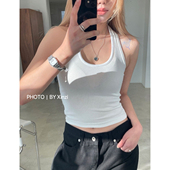 辛子韩国代购 纯欲性感U领挂脖吊带背心女外穿内搭短款 辣妹上衣