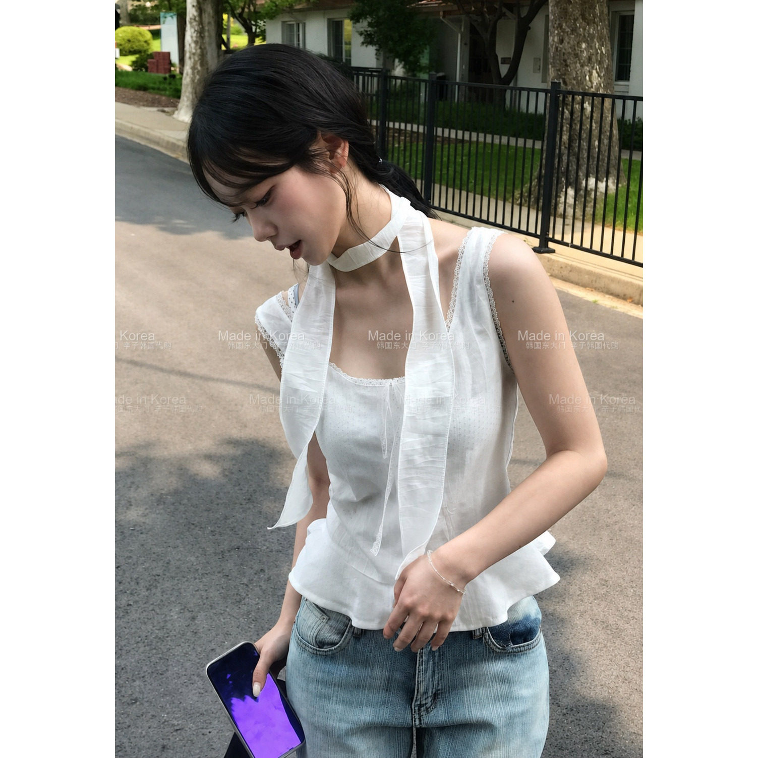 夏季韩系辣妹蕾丝飘带修身背心