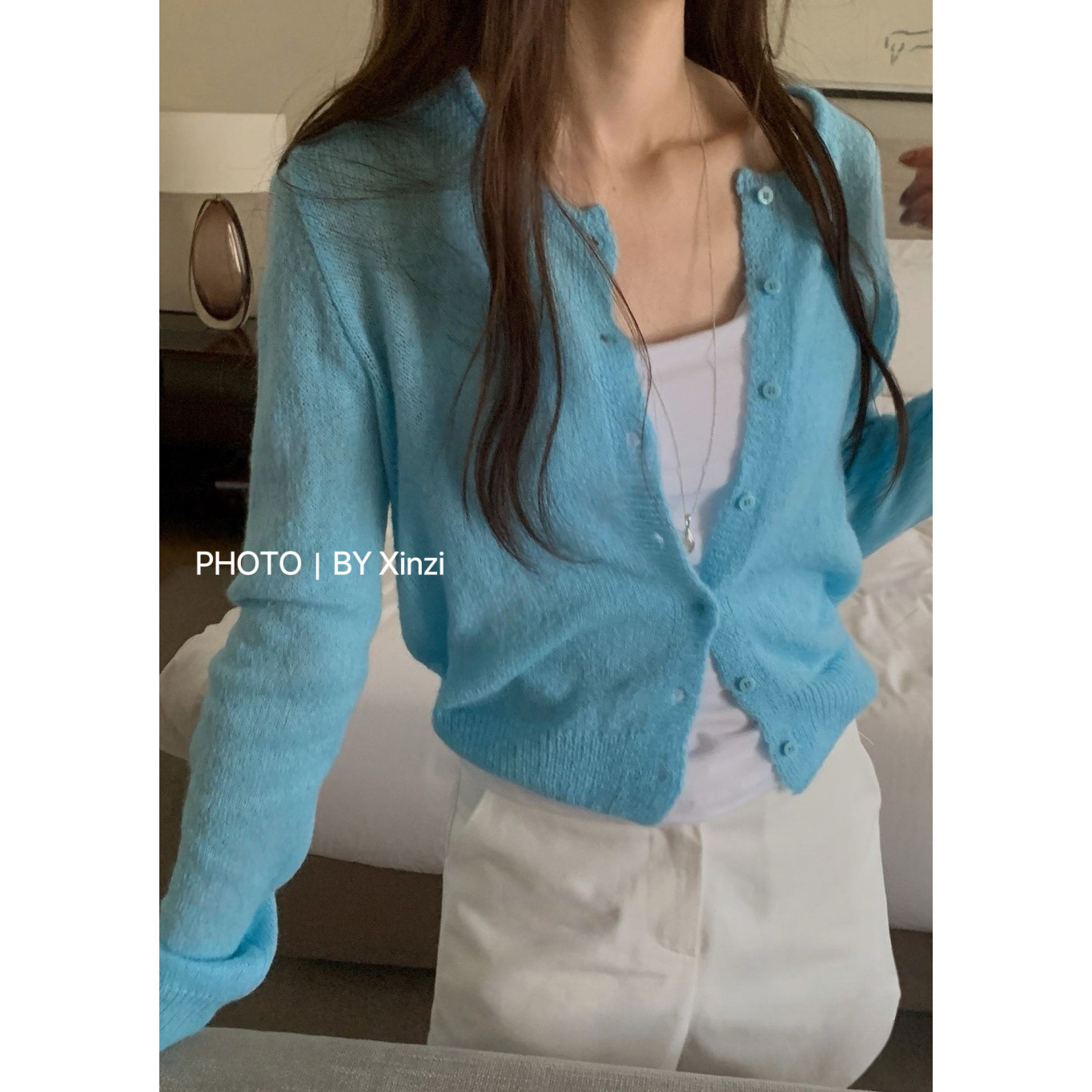 辛子韩国代购韩式糖果色圆领扣子针织开衫女长袖修身显瘦薄款上衣