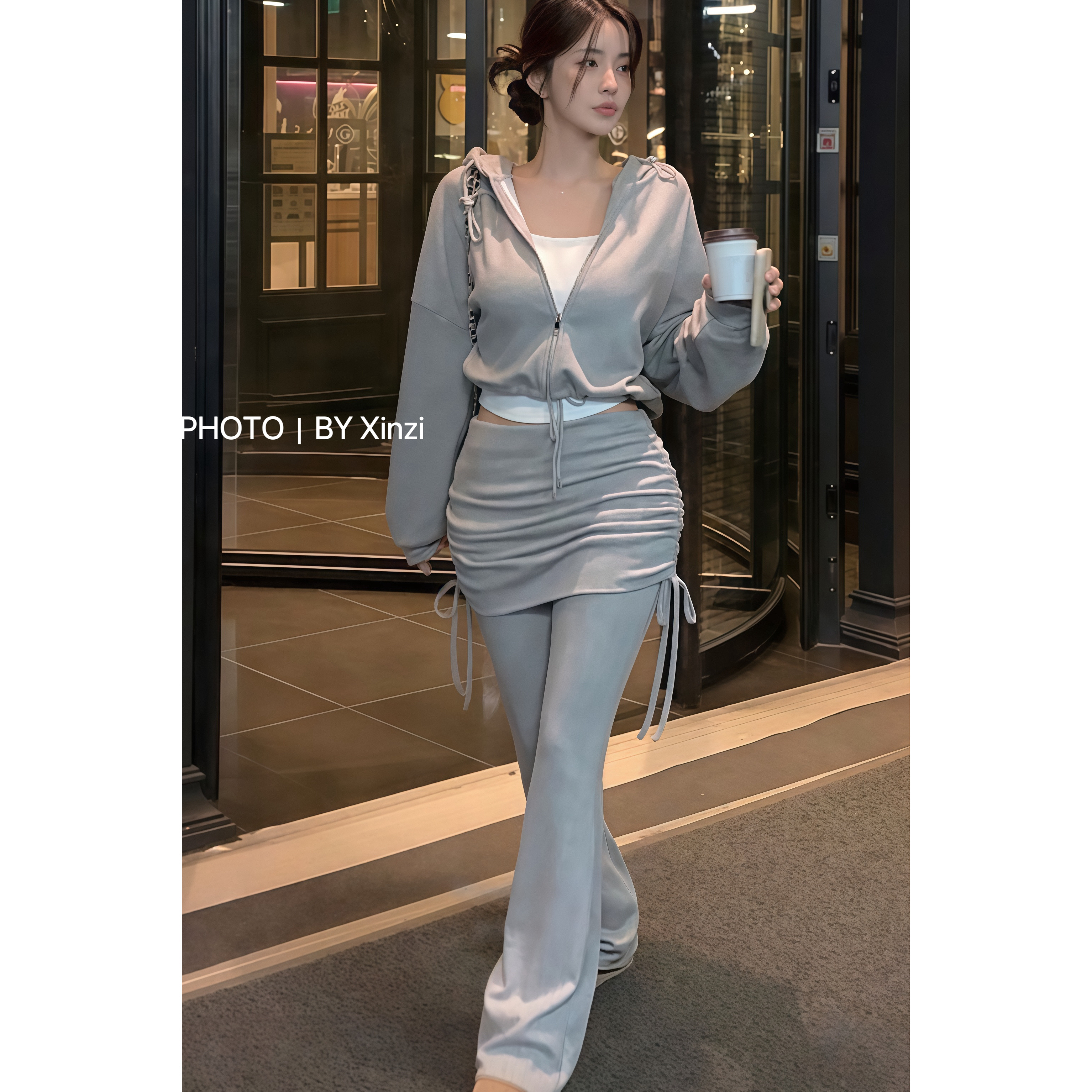 韩系休闲连帽拉链卫衣套装女