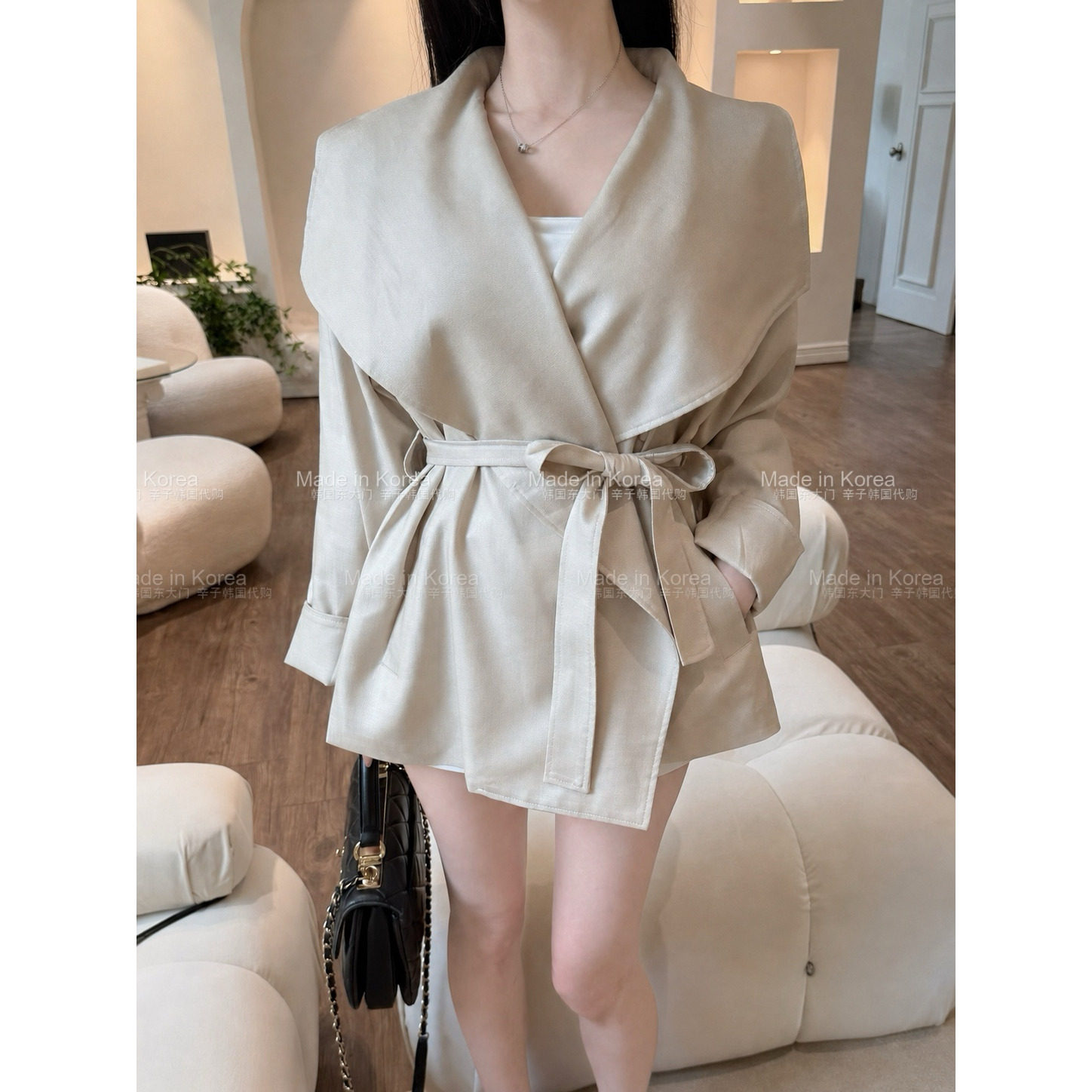 轻熟优雅大翻领系带中长风衣女