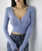 现货 体恤秋性感显身材T恤9.1 显瘦V领单排扣长袖 速发韩国代购 正品