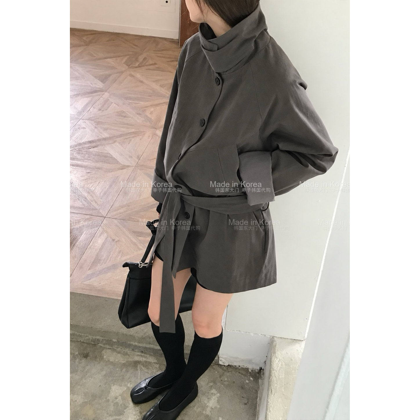 韩系收腰显瘦风衣式女中长款