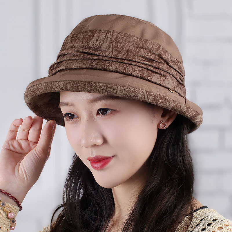 春秋帽子褶皱腰条平顶防晒盆帽遮阳帽可折叠渔夫帽中老年优雅女帽