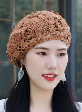 复古手工钩花网眼气质画家帽子