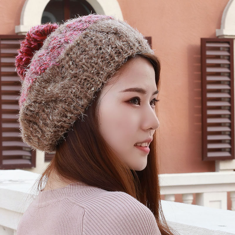 新品秋冬帽子女帽毛线帽针织帽拼色大球贝雷女生帽滑雪帽时尚可爱