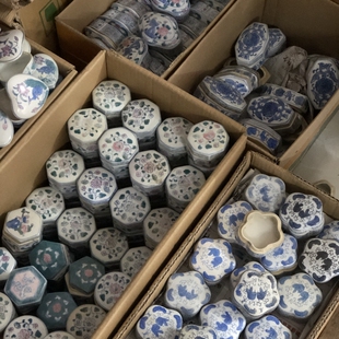 【老库存】手绘五彩青花小瓷盒 茶室装饰摆设烟灰缸80年代老瓷器