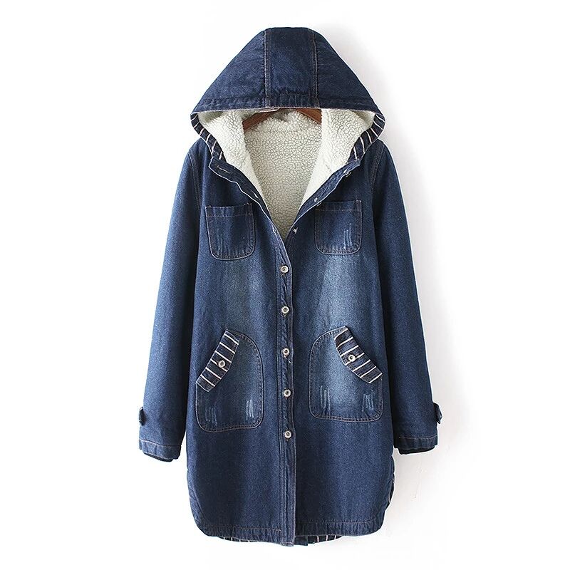 中长款加绒牛仔棉衣女加厚羊羔毛外套韩版宽松大码冬季连帽棉服女