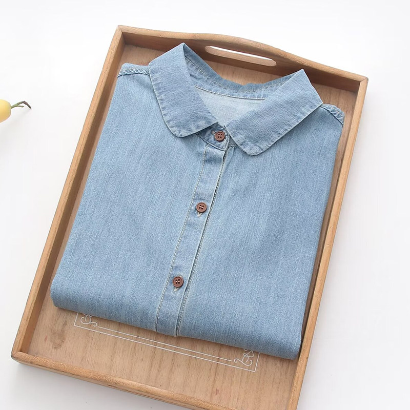 娃娃领水洗棉牛仔衬衫女长袖新款宽松休闲基础版单排扣文艺范上衣,女装/女士精品,衬衫,淘宝优惠券,粉丝福利购,淘宝优惠卷