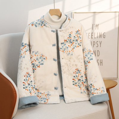 印花立领棉花女棉袄新款盘扣棉衣