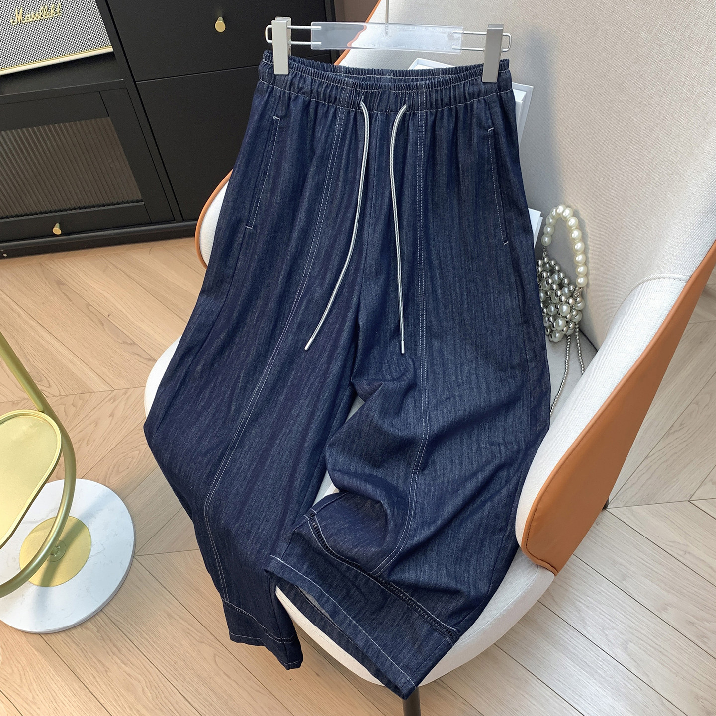 松弛风牛仔阔腿裤女薄款拼接中缝裤松紧腰抽绳休闲显瘦大码9分裤