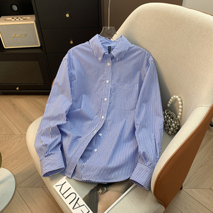 黄白竖条春秋新款条纹衬衫女长袖纯棉显瘦高端学院风休闲衬衣外套