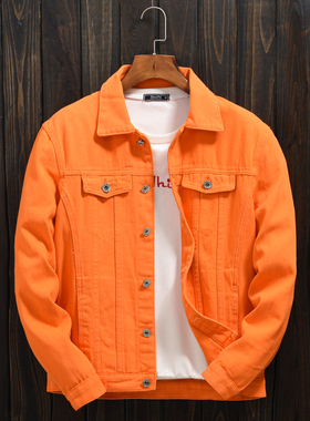 潮流男士春秋季桔色橙色橘色牛仔外套落肩休闲夹克ins风帅气上衣