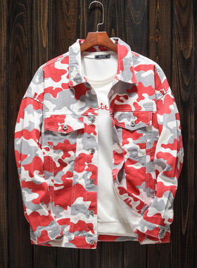潮牌男士春秋款牛仔外套红色迷彩落肩港风上衣青年宽松休闲夹克