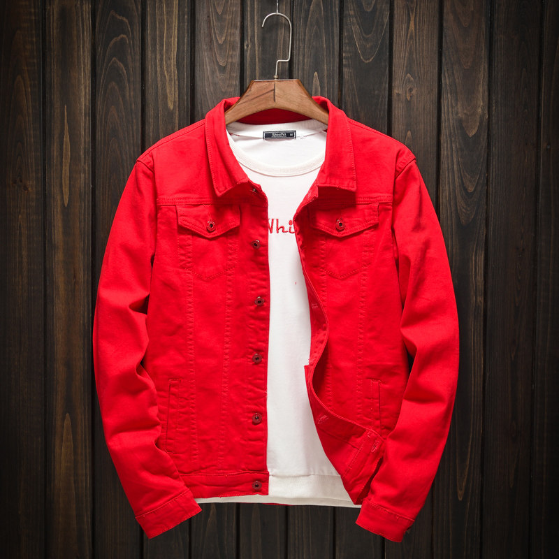 潮牌男士春秋款韩版牛仔夹克男青年社会休闲外套大红色修身牛仔衣,男装,夹克,淘宝优惠券,粉丝福利购,淘宝优惠卷