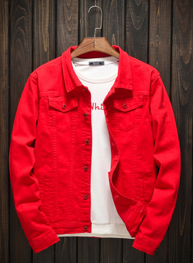 潮牌男士春秋款韩版牛仔夹克男青年社会休闲外套大红色修身牛仔衣