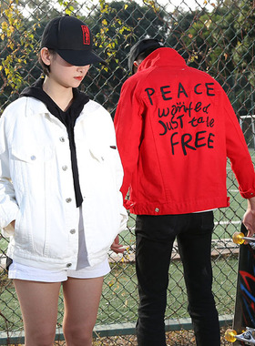 男士春秋红色牛仔衣夹克情侣款韩版宽松牛仔外套绣花潮牌酷