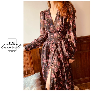 ins轻奢高腰系带大摆裙OL衬衫 复古印花连衣裙2022春季 裙 法式 新品