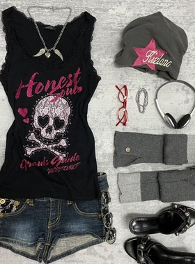 粉色回忆夏季y2k骷髅头印花朋克亚文化无袖修身显瘦背心辣妹吊带