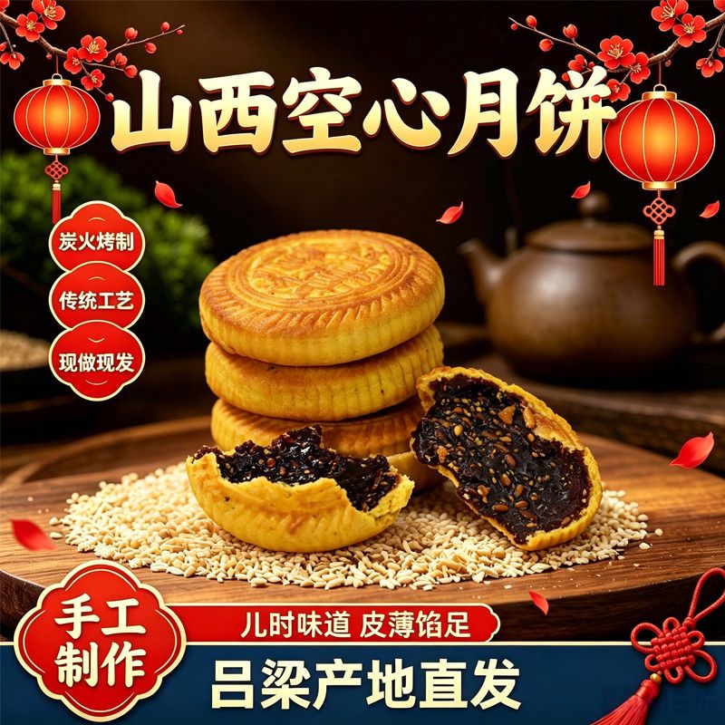 山西传统空心月饼儿时酥皮空壳饼红糖纯胡麻油炭火炉烤制配料干净