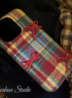 毛呢格纹蝴蝶结适用于iPhone16promax全包硬壳苹果15PROMAX/14pro手机壳小众甜美苹果13pro/12/17pro保护套