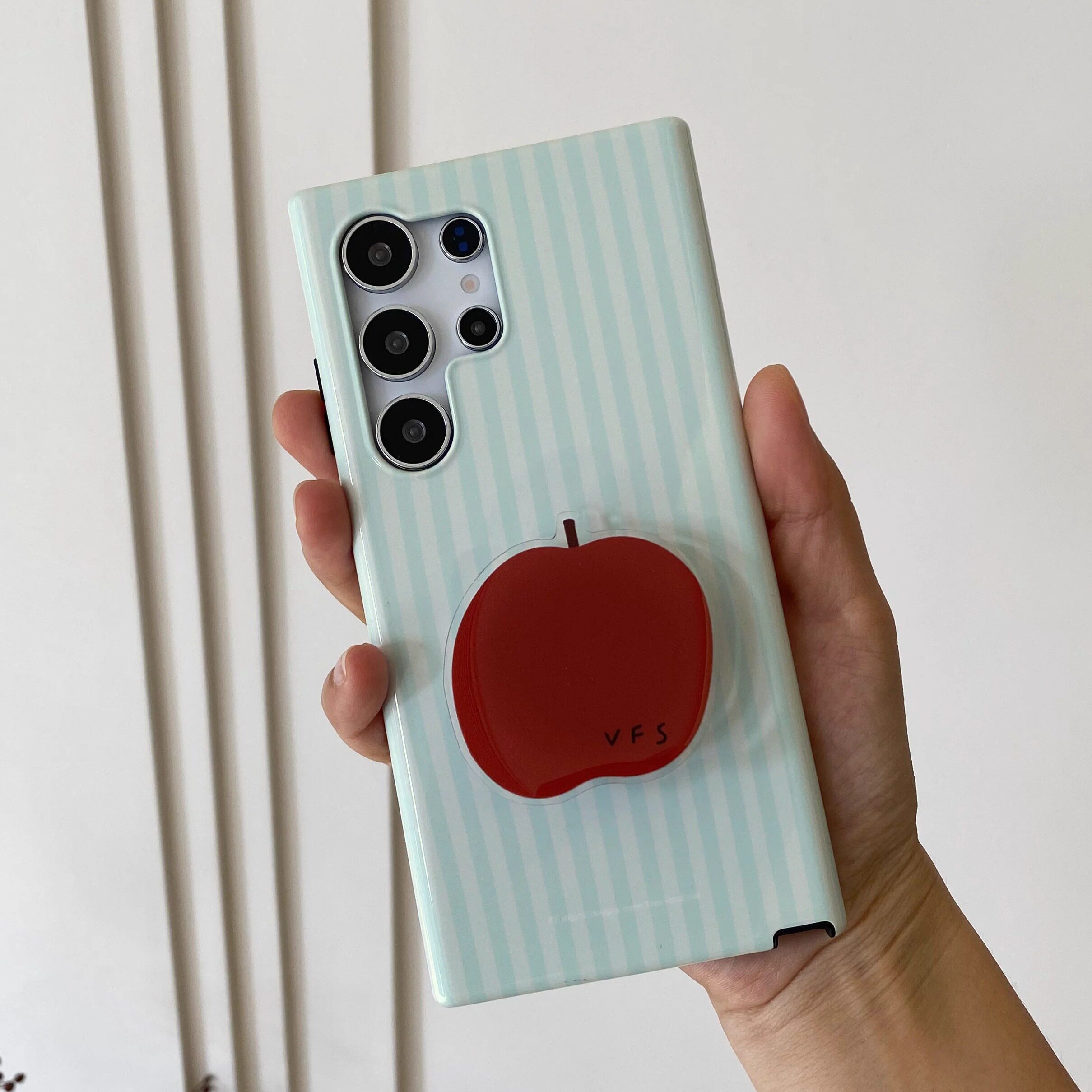 淡青条纹适用于三星S24Ultra艺术菲林硬壳S22+小众设计S21Ultra半包s25+手机壳S23光面女款新款ins保护套硬壳