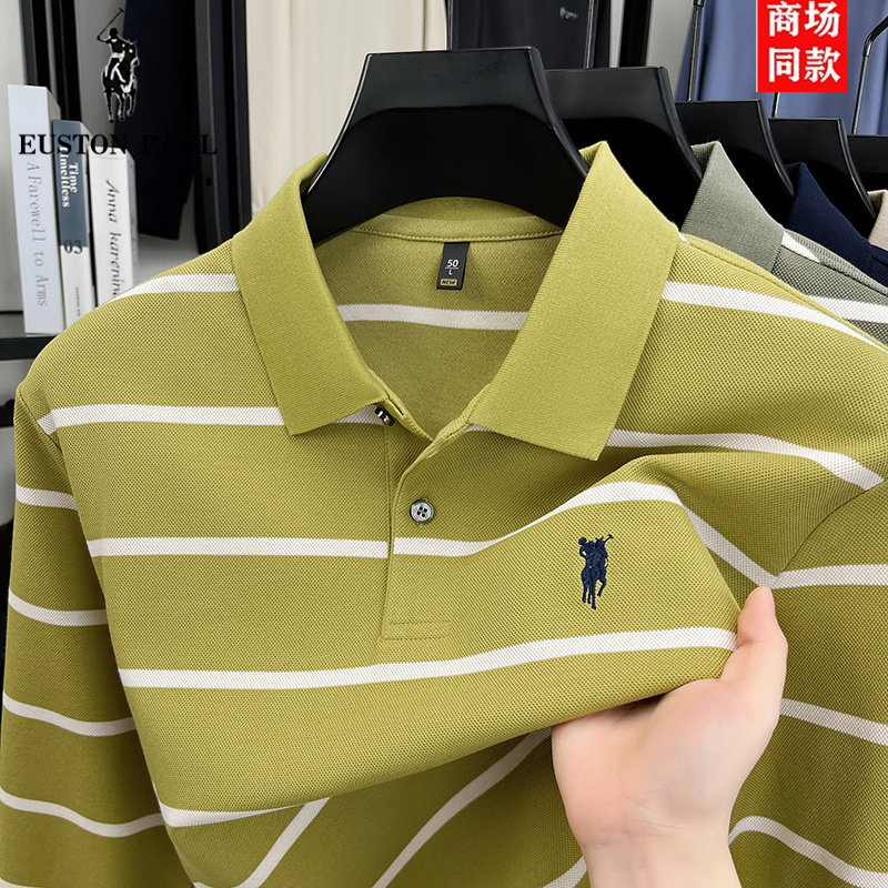 保罗长袖T恤丝光棉翻领秋季新款条纹小马标POLO衫中年男商务上衣