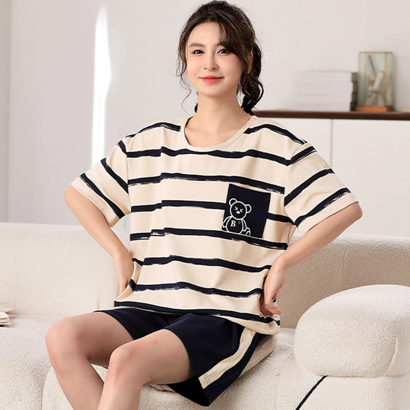 夏季短袖纯棉胖MM加肥加大码睡衣女士休闲家居服微胖女生条纹套装