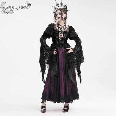 Devil Fashion恶魔时尚女装哥特V领长袖提花网料连衣裙ESKT05202