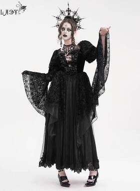 Devil Fashion恶魔时尚女装哥特V领长袖提花网料连衣裙ESKT05201