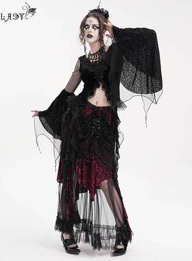 Devil Fashion恶魔时尚女装哥特烧花丝绒拼菱形花网料半裙ESKT051