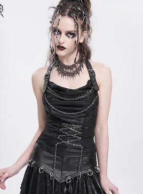 Devil Fashion恶魔时尚女装过胶花纹皮料吊带无袖T恤TT287