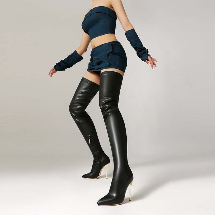 黑色过膝靴女2025秋冬尖头高跟长靴金属细跟瘦瘦靴气质百搭长